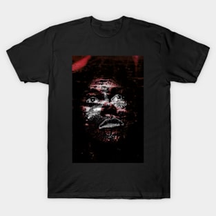 Monster like creature, girl, looking up. Dark. Black skin, with white spots. Red. T-Shirt